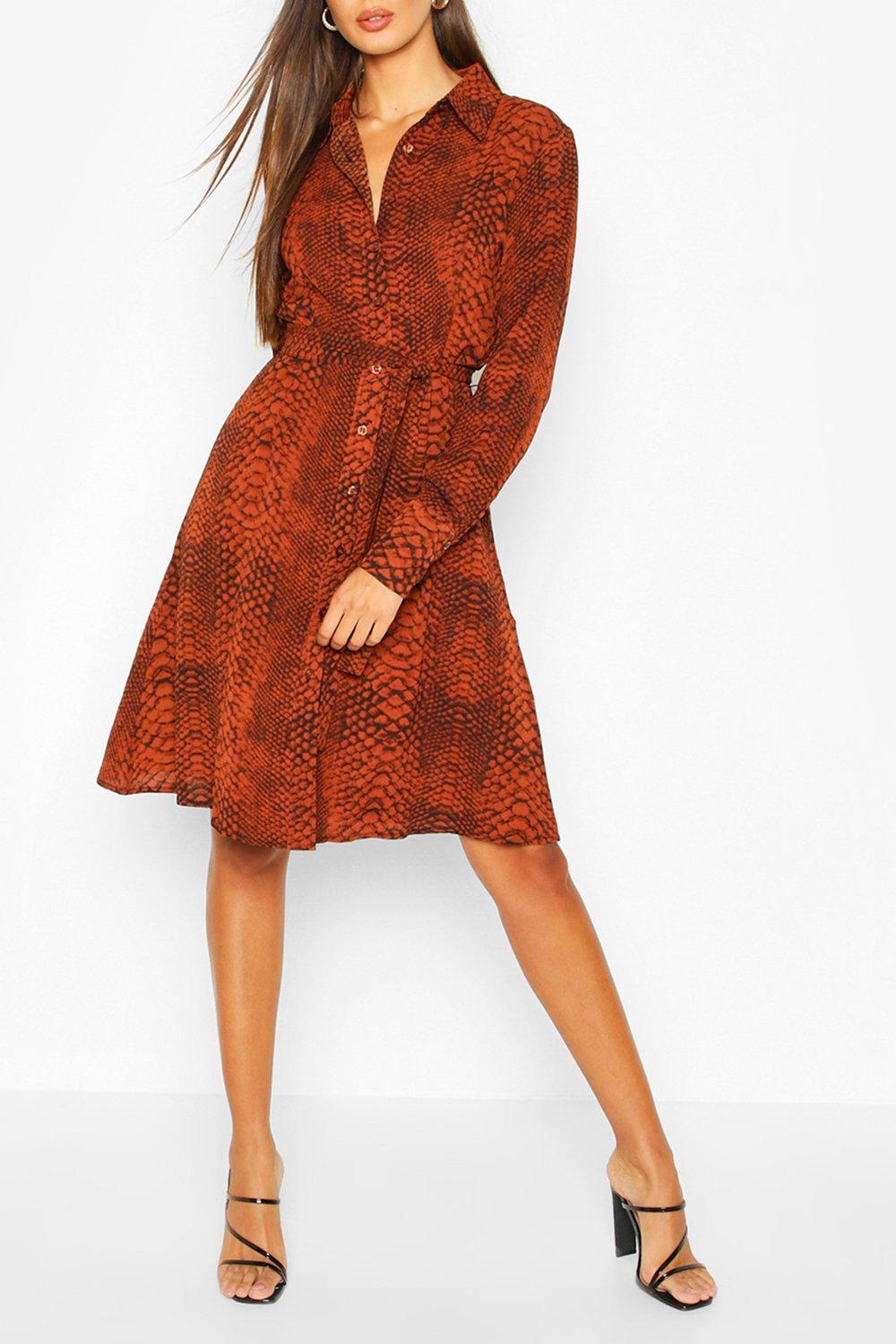 Woven Snake Print Tie Waist Shirt Dress