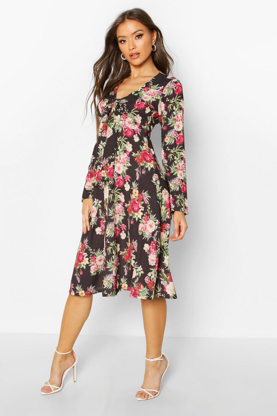 Black Floral Print Tie Front Woven Midi Dress image number 1