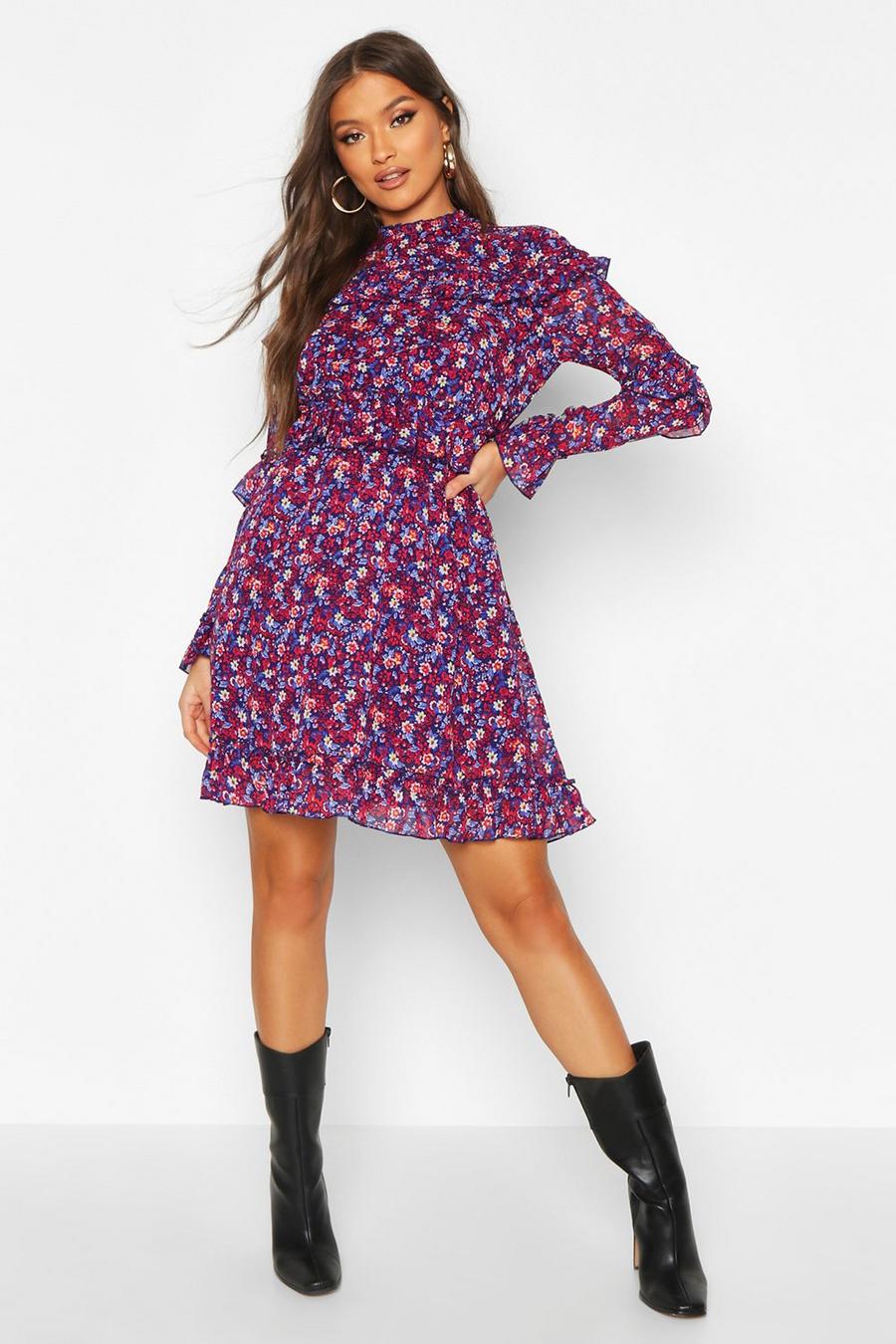 Floral High Neck Woven Ruffle Skater Dress image number 1