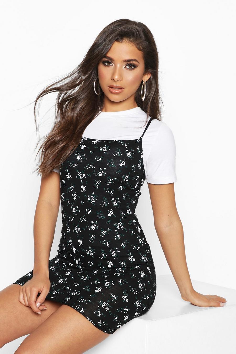 Black Ditsy Floral Strappy Jersey Bodycon Mini Dress image number 1