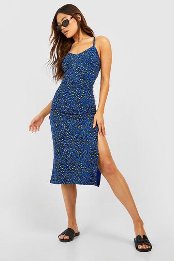 Blue Leopard Print Jersey Slip Midi Dress