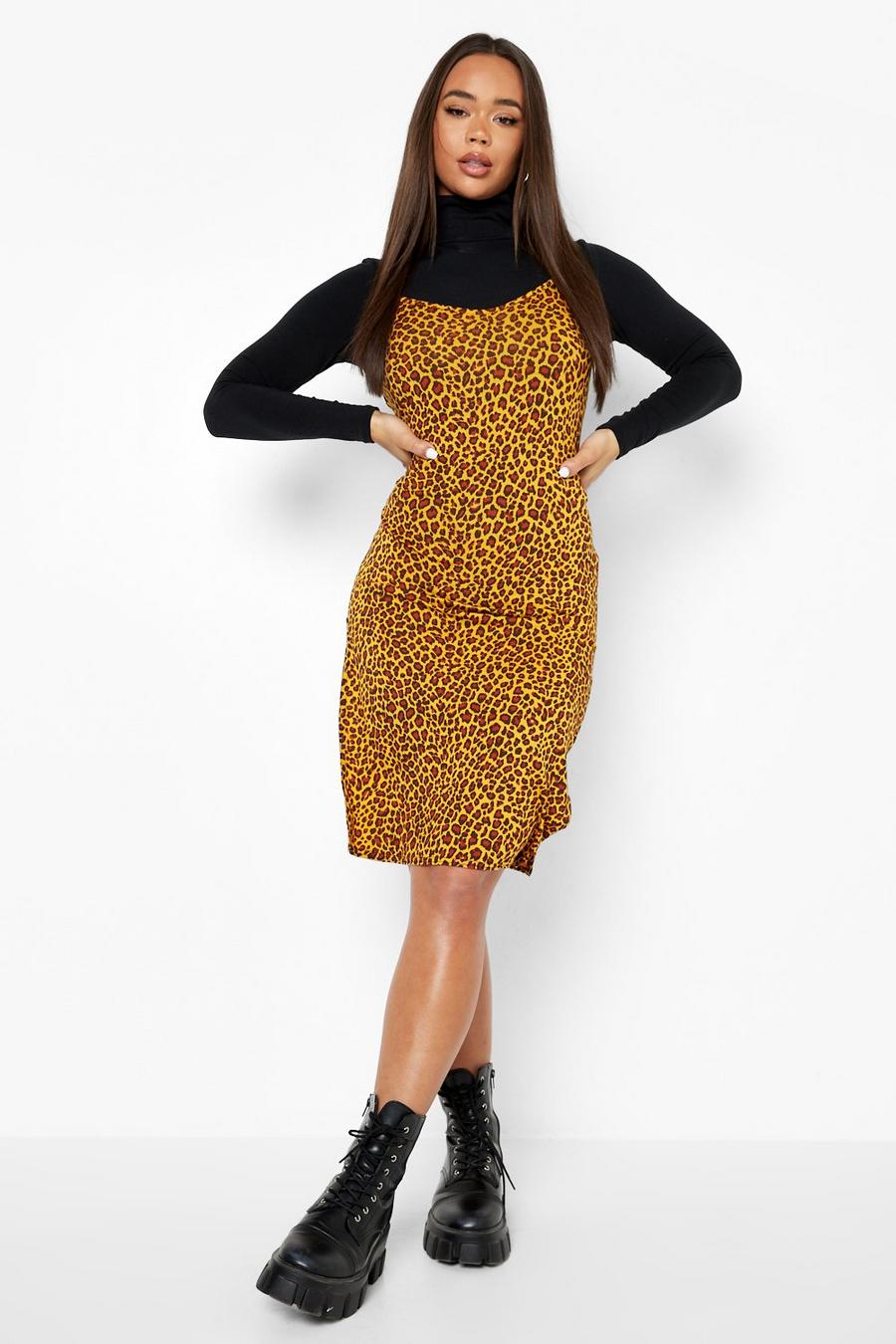 Mustard Leopardmönstrad, knälång slipklänning i jersey  image number 1