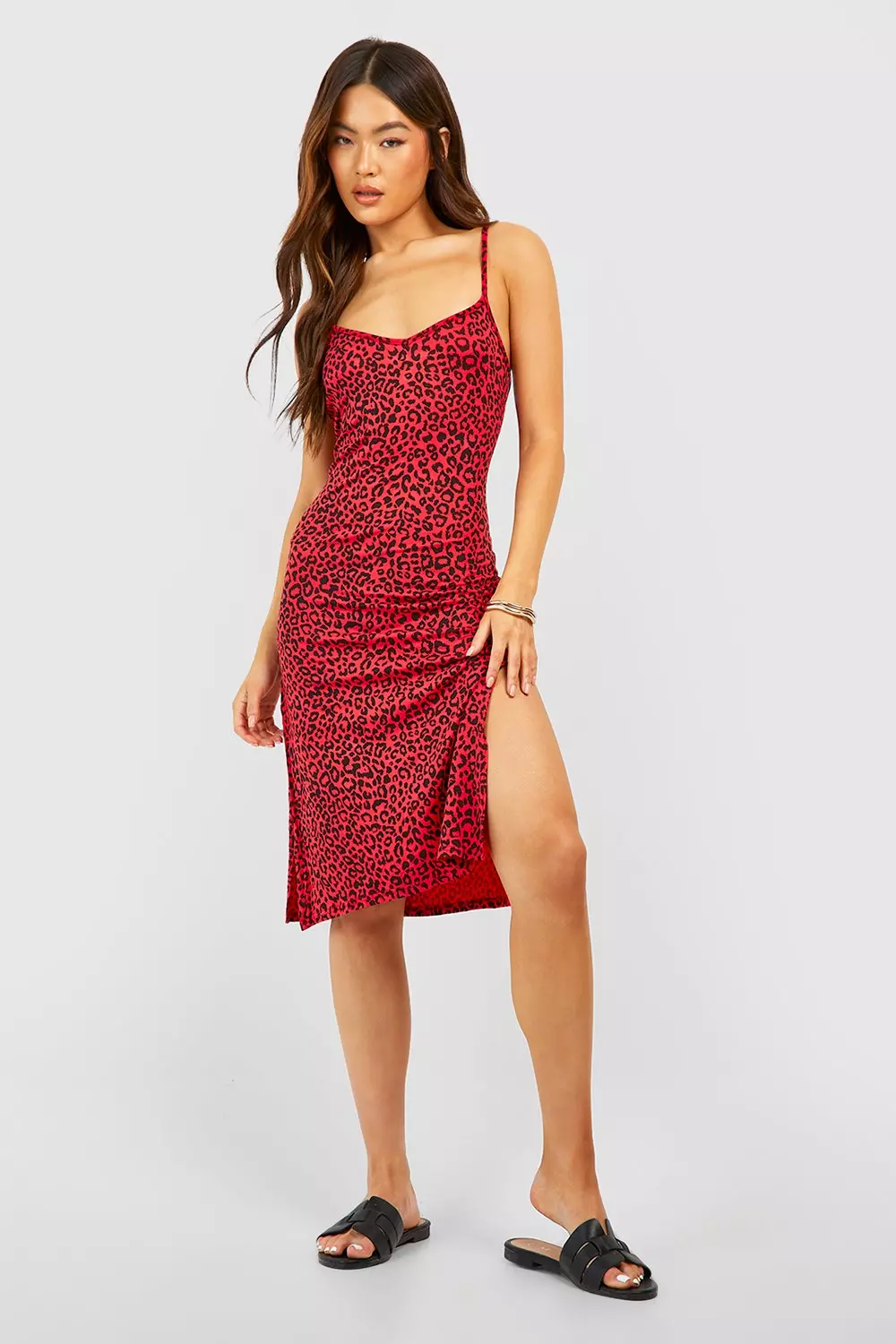 Red Leopard Print Jersey Slip Midi Dress alternative image