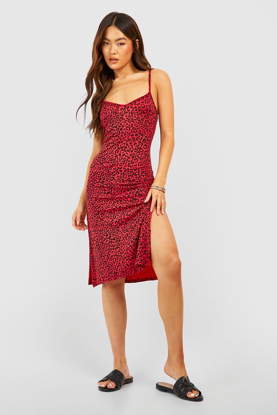 Red Leopard Print Jersey Knit Slip Midi Dress