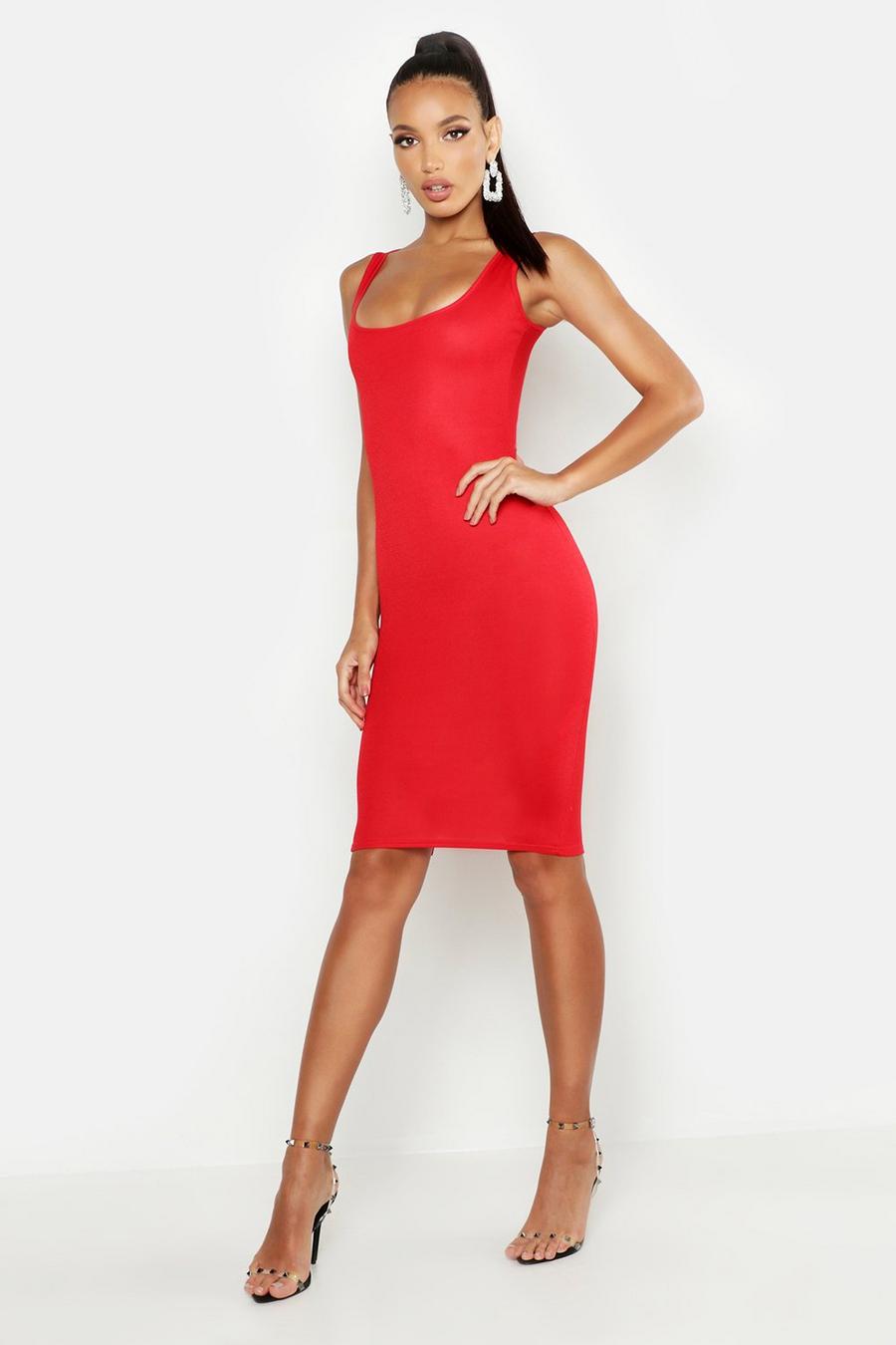 Red Basic Square Neck Bodycon Midi Dress image number 1
