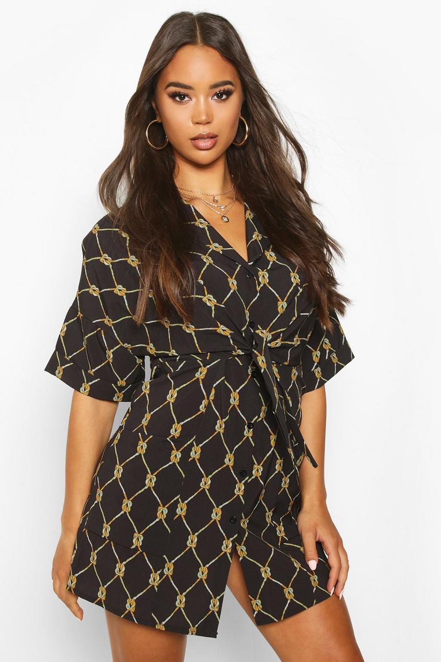 Woven Chain Print Tie Front Shift Dress image number 1