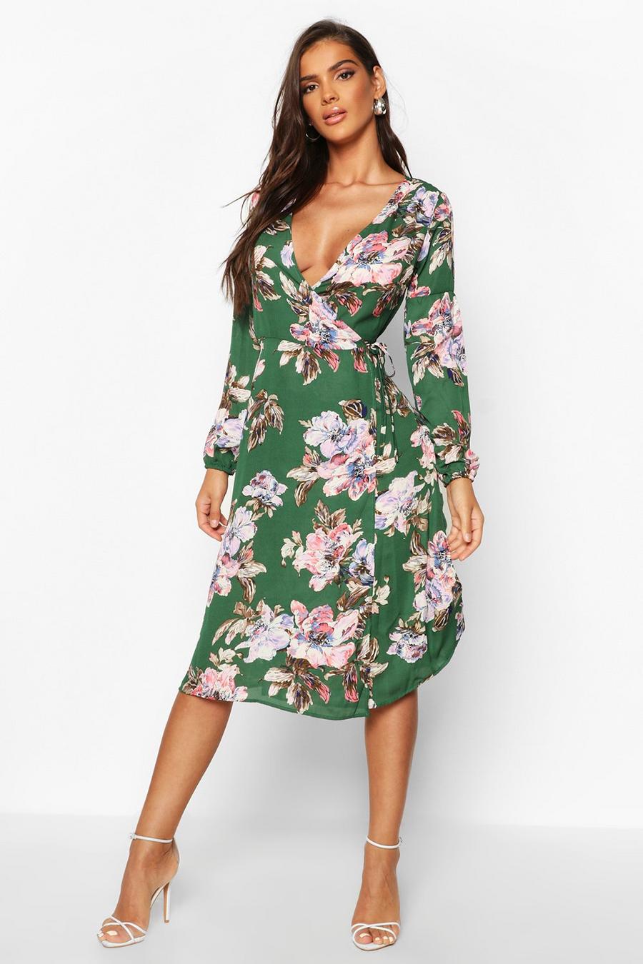 Woven Large Floral Print Wrap Midi Dress image number 1