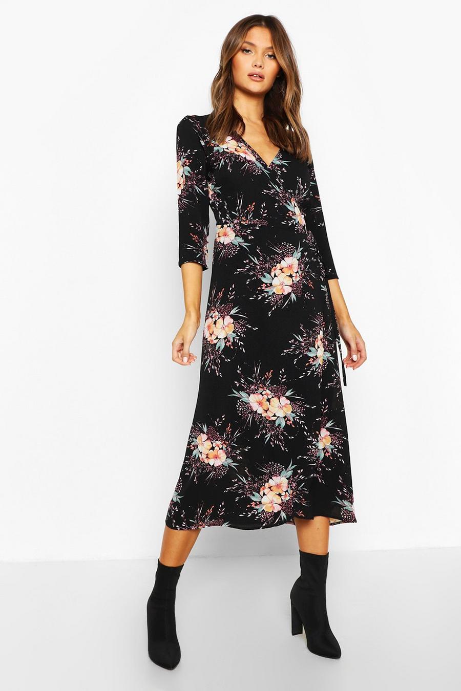 Woven Floral Print Tie Side Wrap Midi Dress image number 1