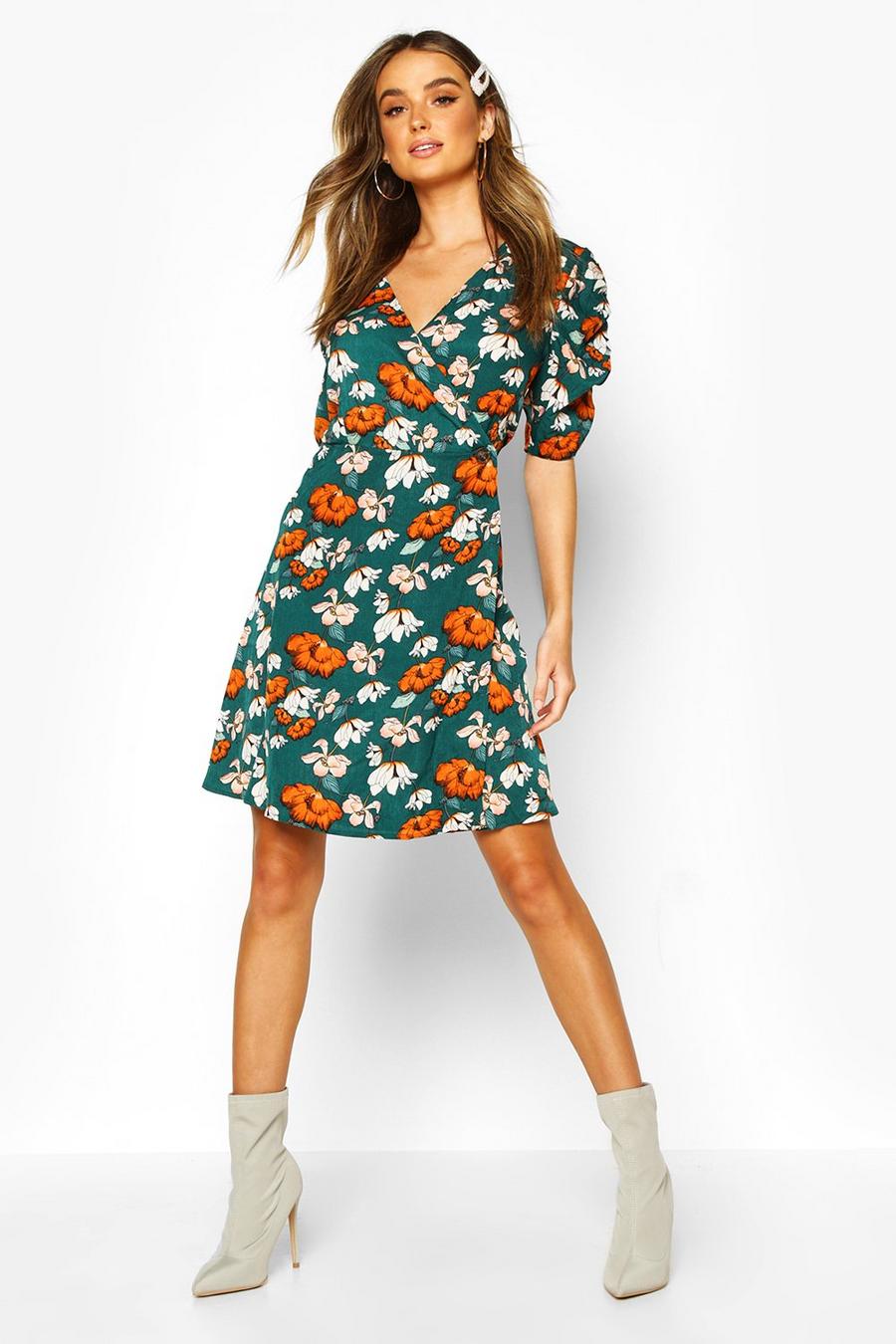 Woven Floral Print Puff Sleeve Swing Dress image number 1