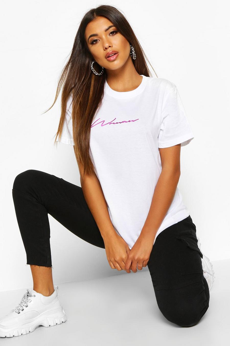 White Purple Foil Woman Script Print T-Shirt image number 1