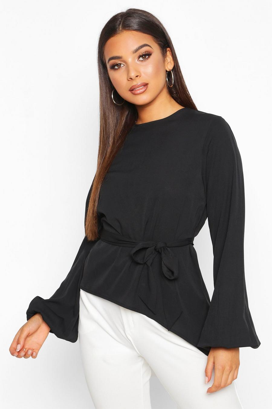 Black Asymmetric Balloon Sleeve Belted Blouse image number 1