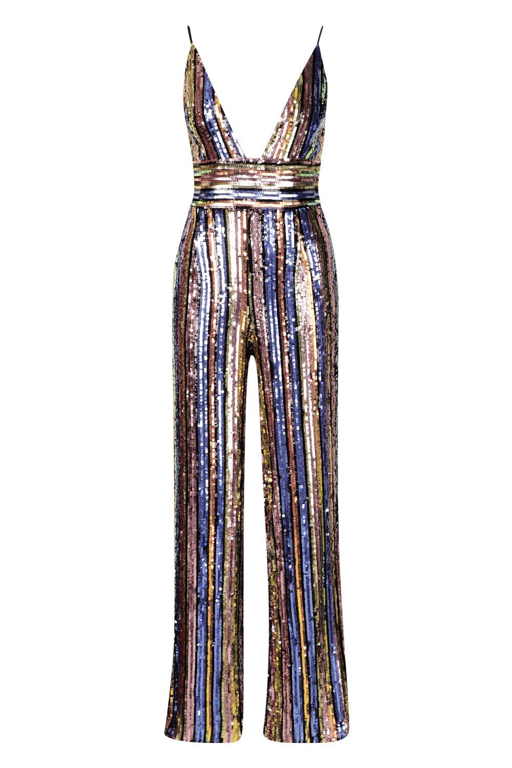 Plunge Front Sequin Stripe Wide Leg Jumpsuit