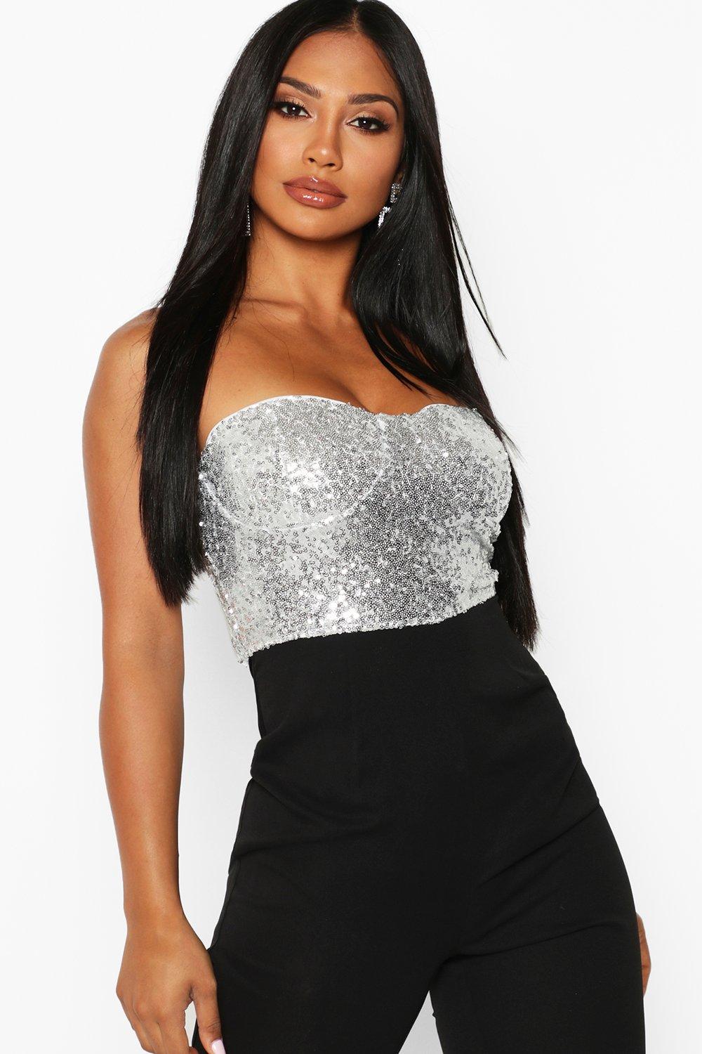 Sequin Bustier Slim Leg Jumpsuit | boohoo