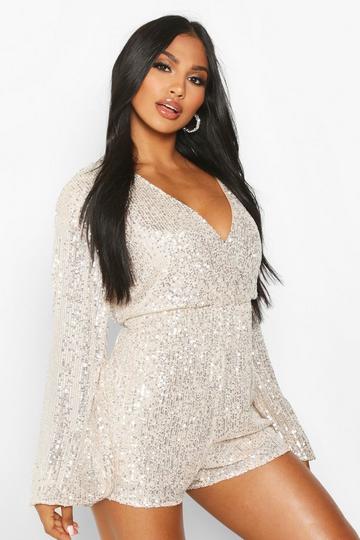 Blouson Sleeve Wrap Front Sequin Romper nude