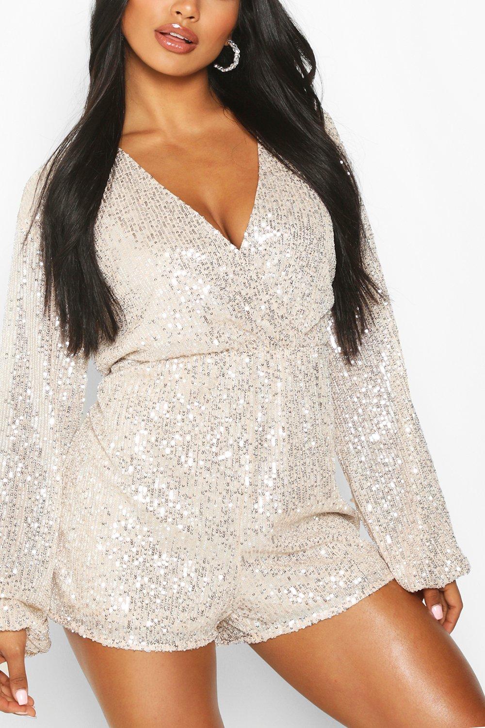 Blouson Sleeve Wrap Front Sequin Playsuit