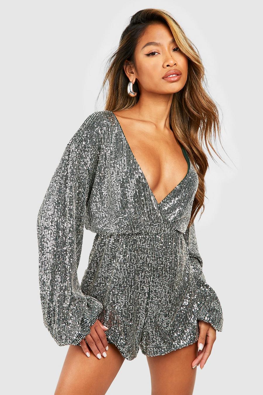 Silver Blouson Sleeve Wrap Front Sequin Playsuit image number 1