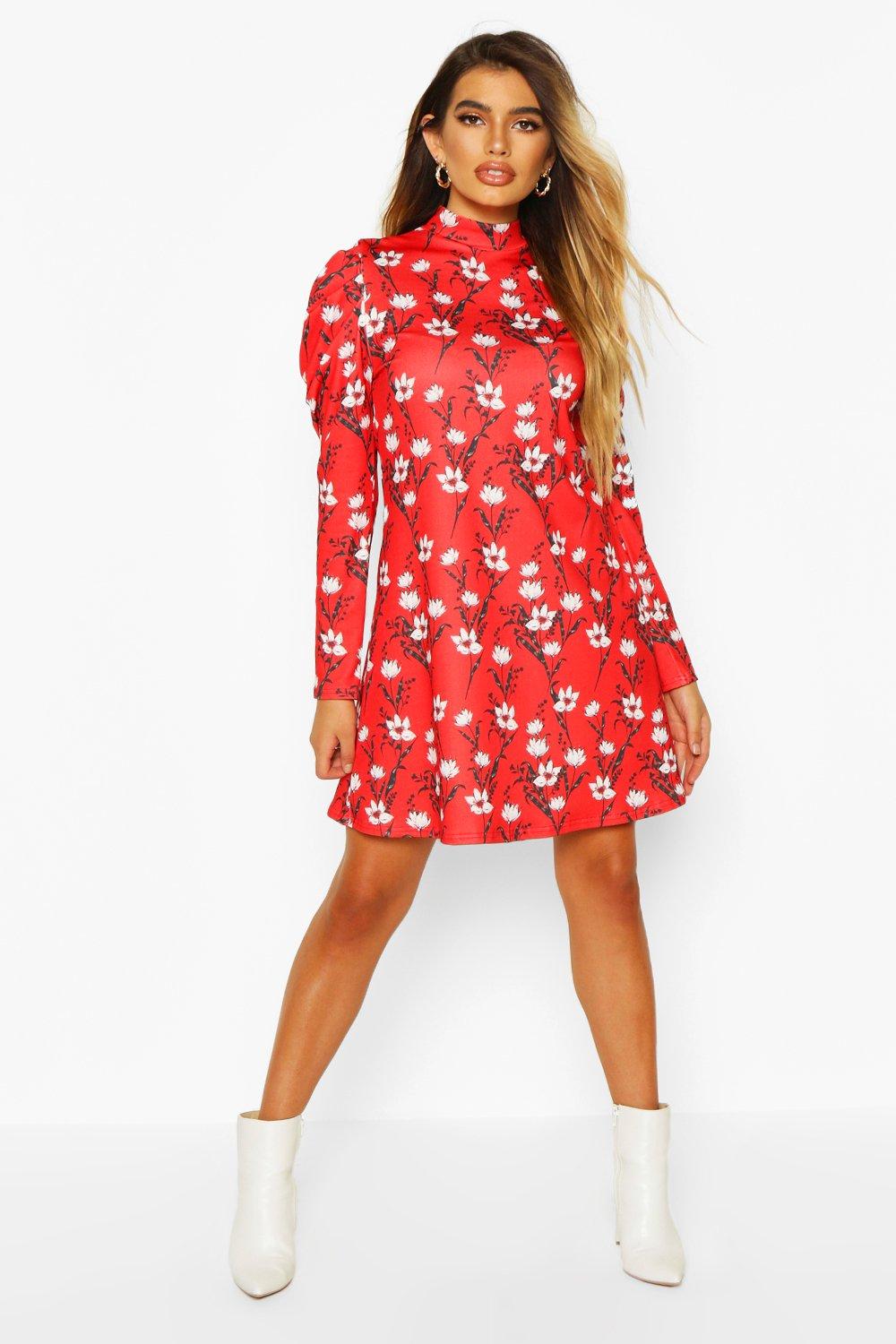 jersey floral high neck swing dress