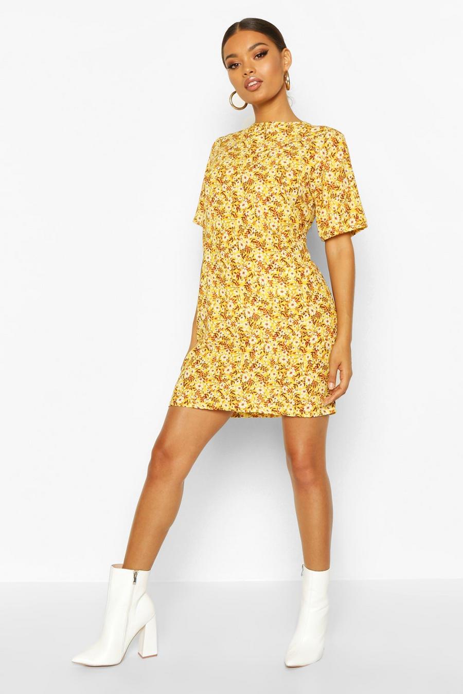 Mustard Short Sleeve Floral Print Shift Dress image number 1