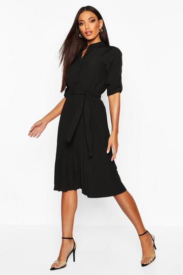 Pleated Collarless Midi Skater Dress black