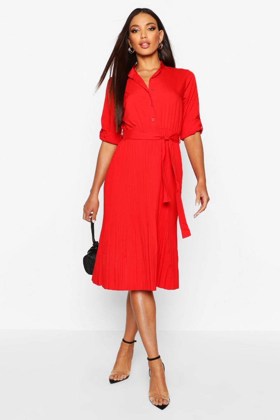 Red Pleated Collarless Midi Skater Dress image number 1