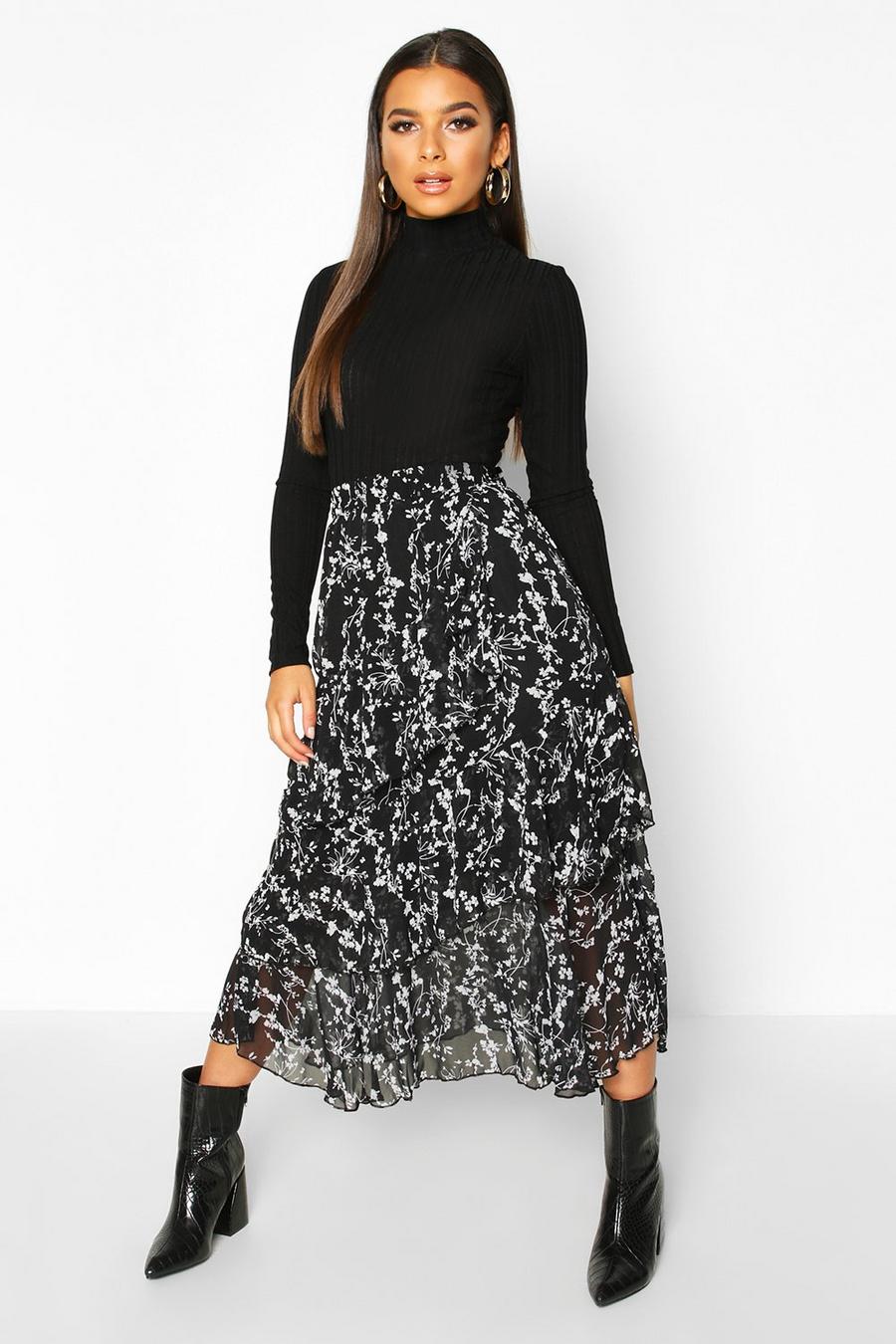 Black Mono Floral Layered Midi Skirt image number 1