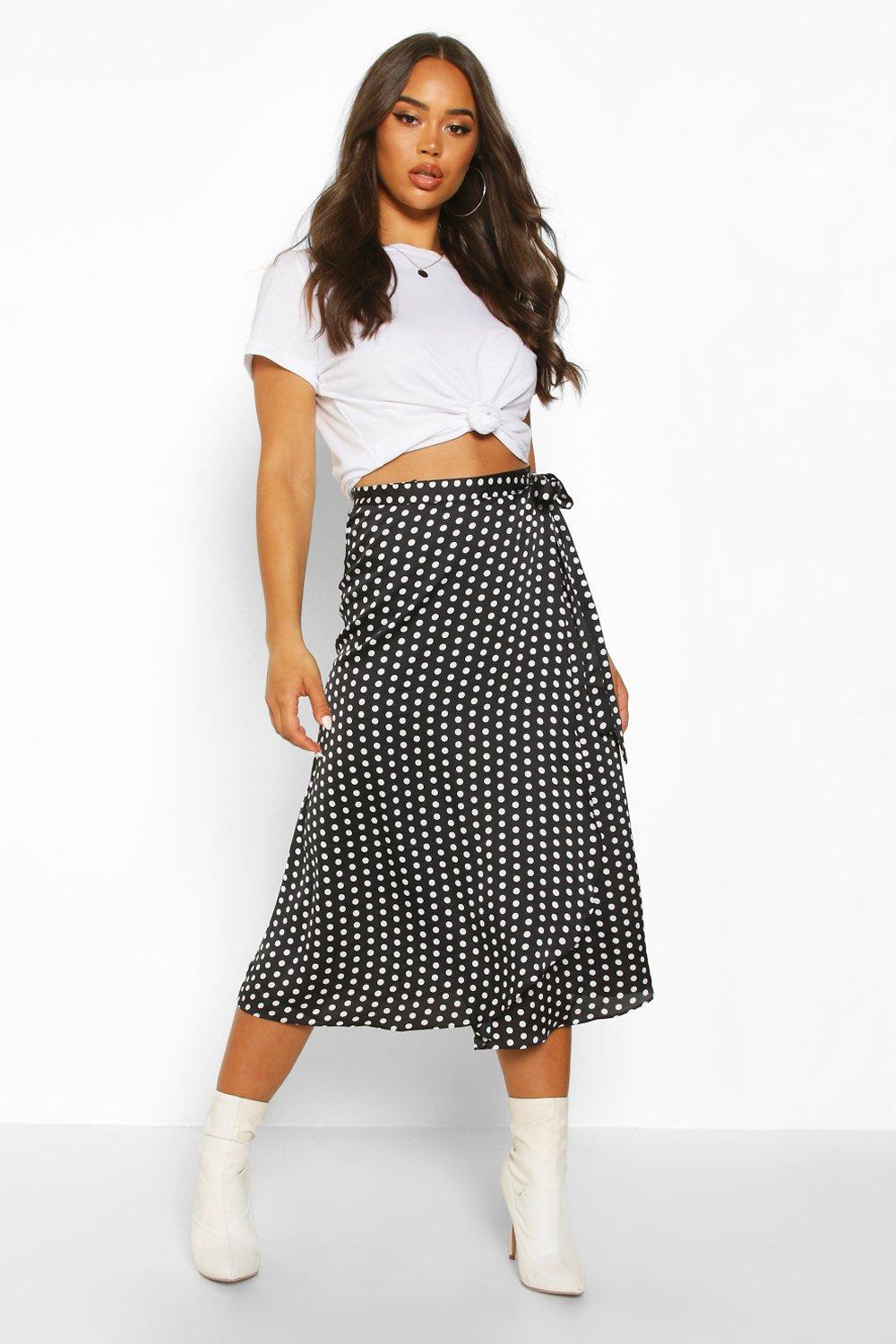 black polka dot wrap skirt