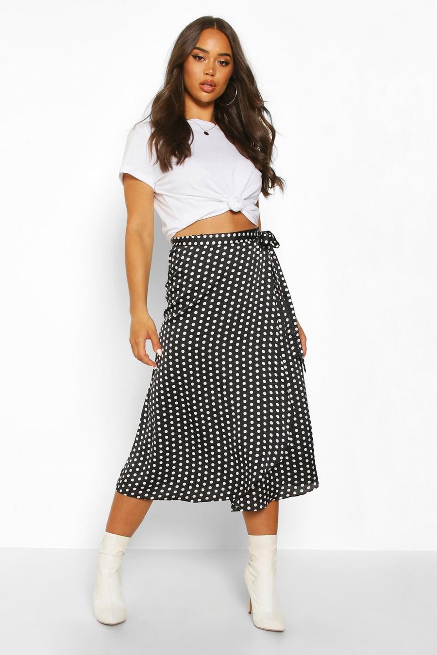 Black Polka Dot Wrap Front Midi Skirt image number 1
