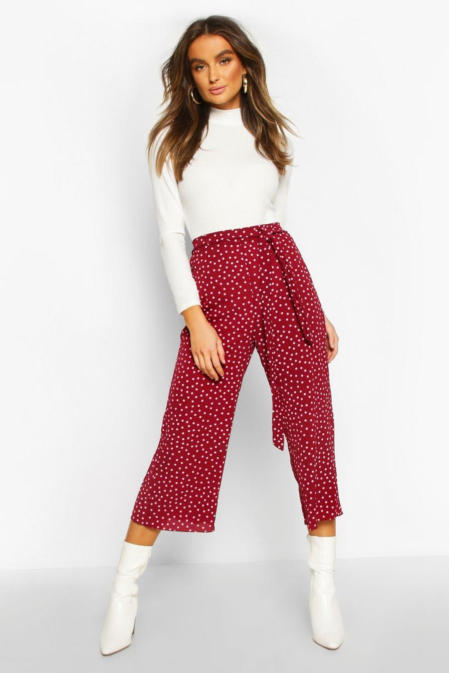 Berry red Belted Woven Polka Dot Culottes