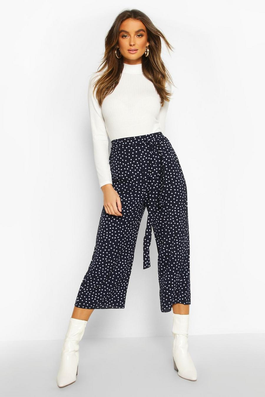 Navy Belted Woven Polka Dot Culottes image number 1