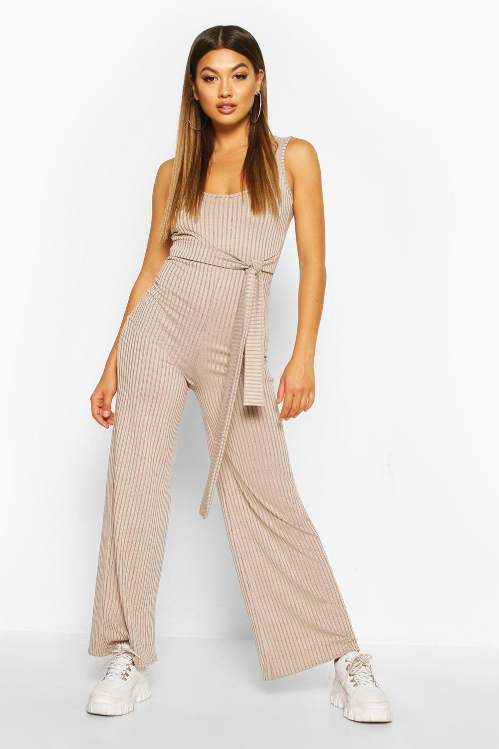 Striped waist belted store wide leg jumpsuit