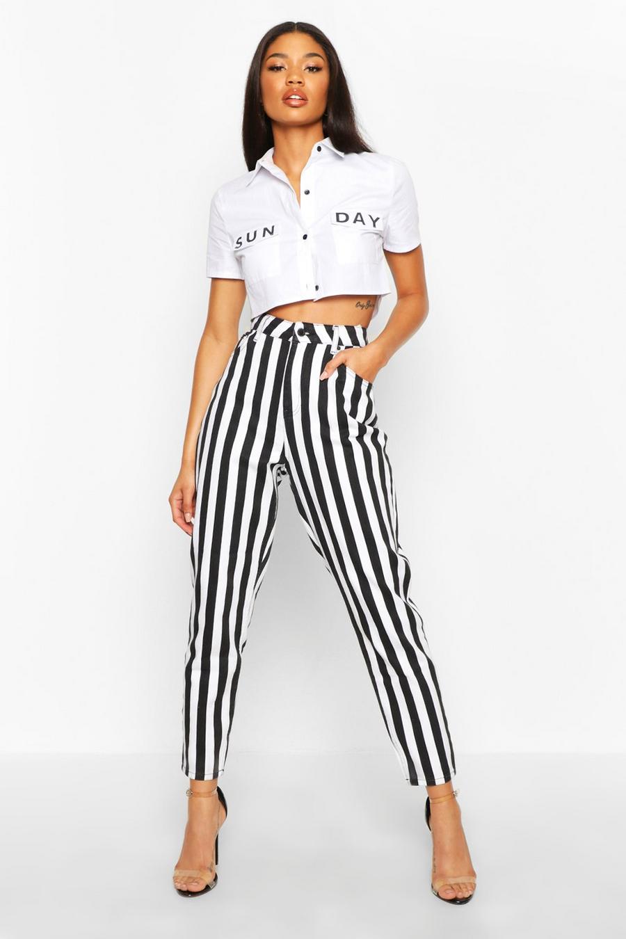 Black and White Stripe High Rise Mom Jean image number 1