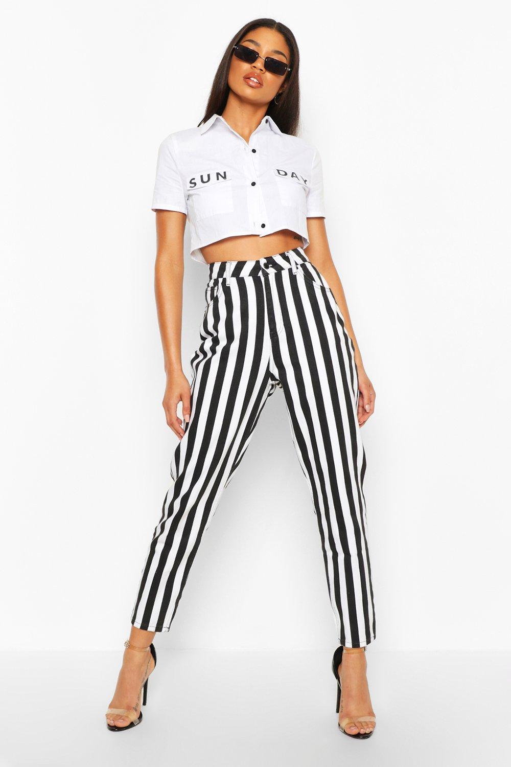 black and white striped mom jeans