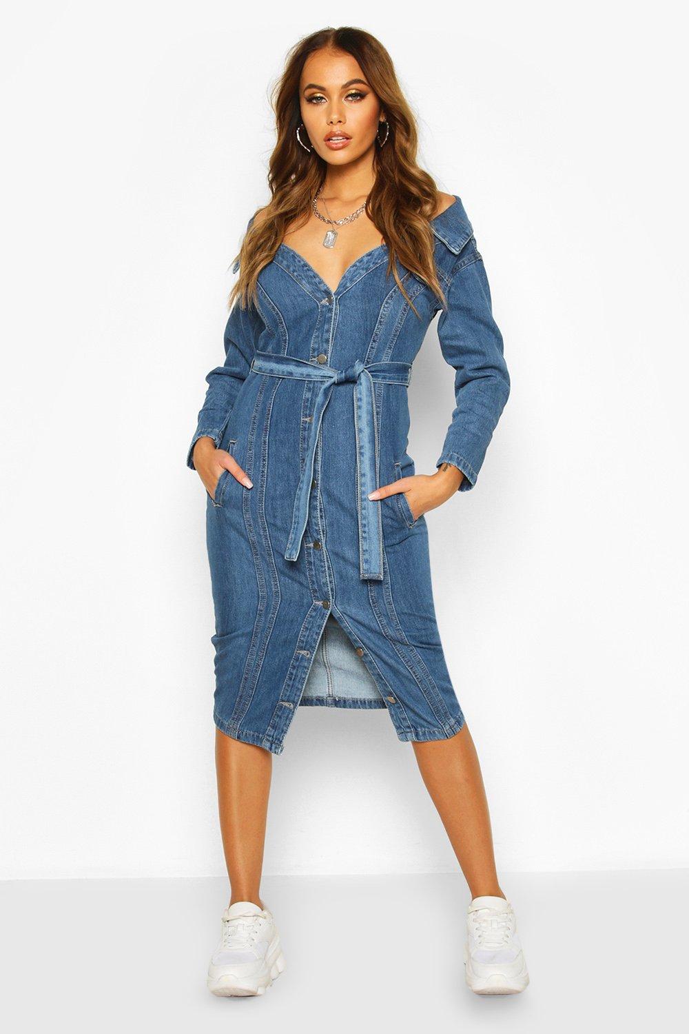 off the shoulder denim dress boohoo