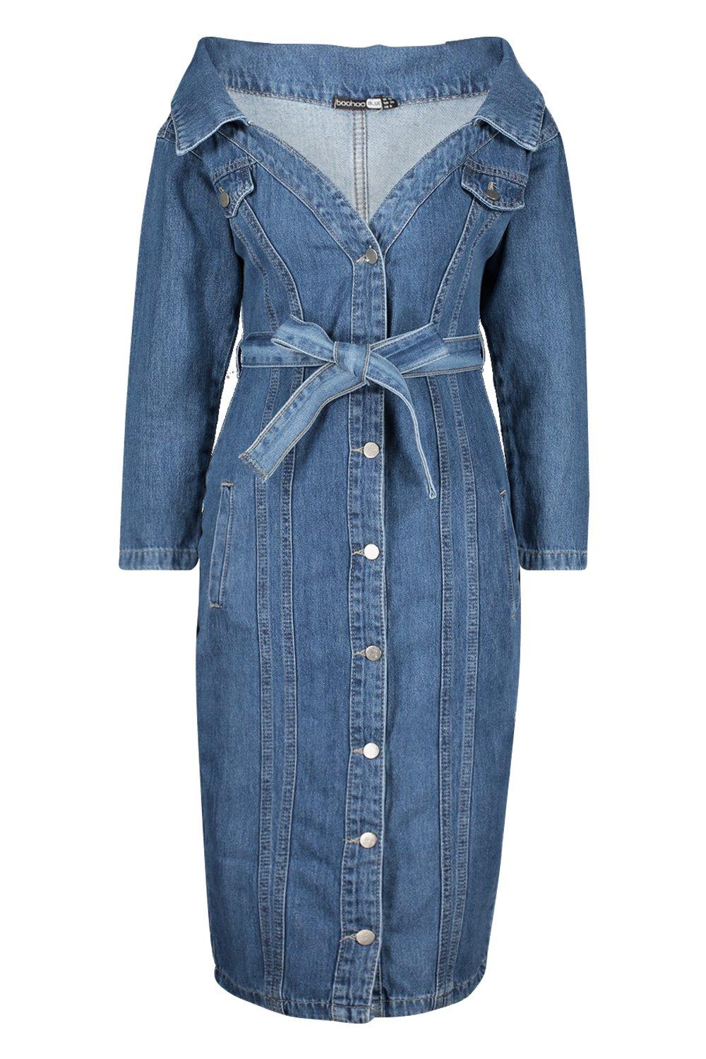 boohoo off the shoulder denim dress