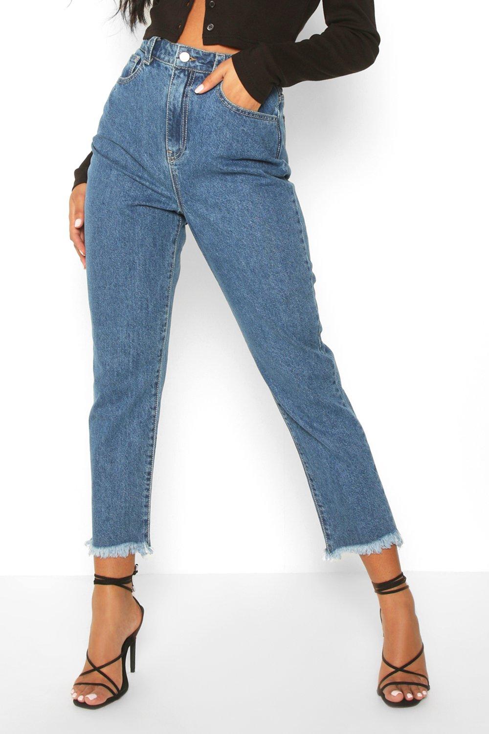 Step Frayed Hem High Rise Straight Leg Jeans