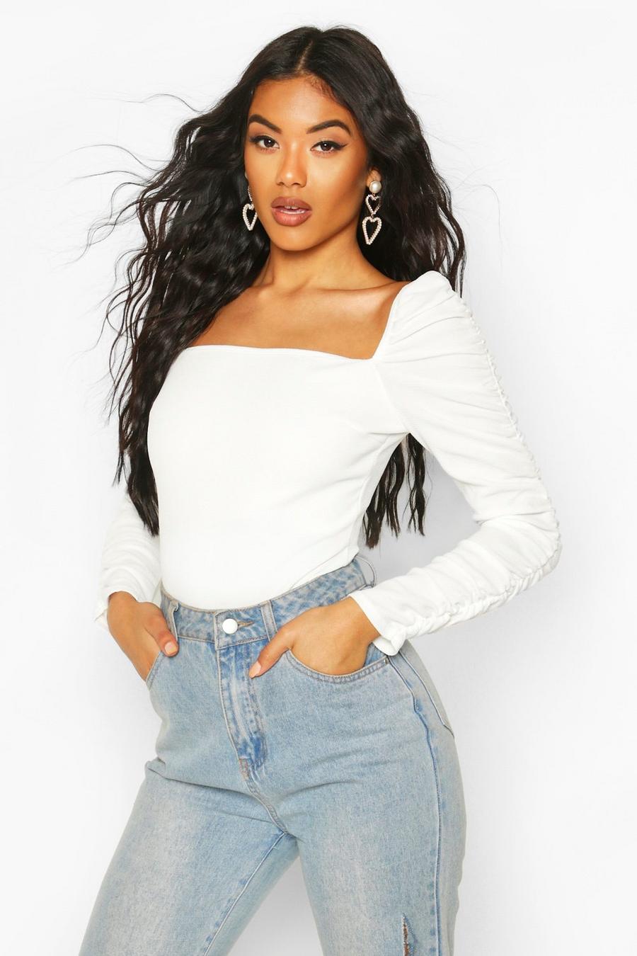 Ivory white Crepe Square Neck Ruched Sleeve Top