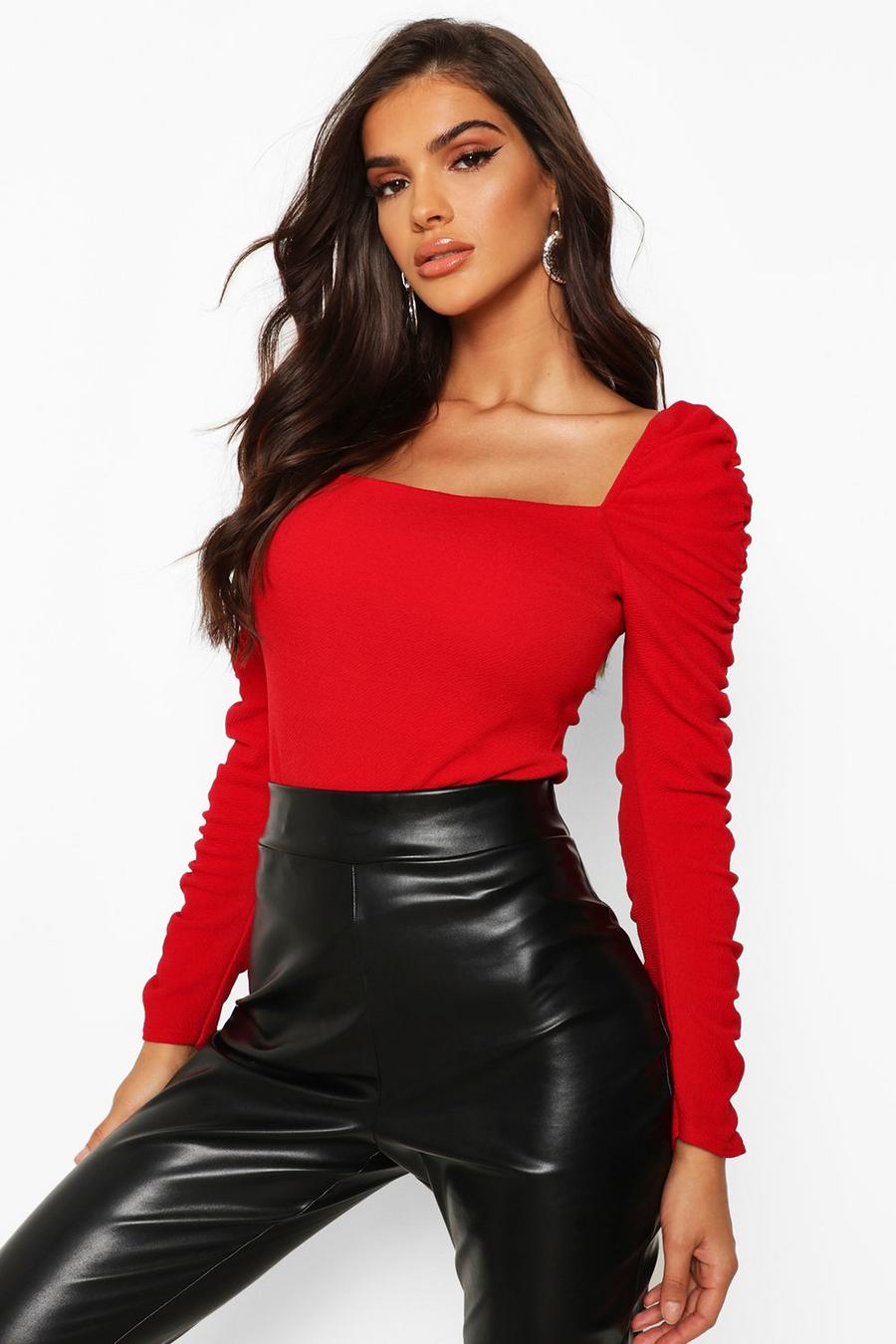 Red Crepe Square Neck Ruched Sleeve Top image number 1