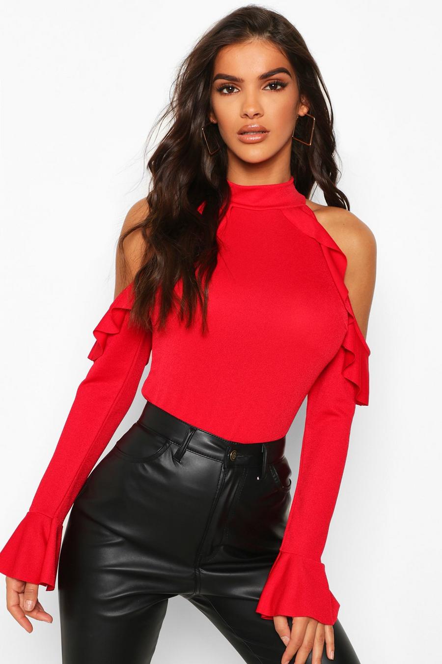 Red Crepe Ruffle Cold Shoulder Top image number 1