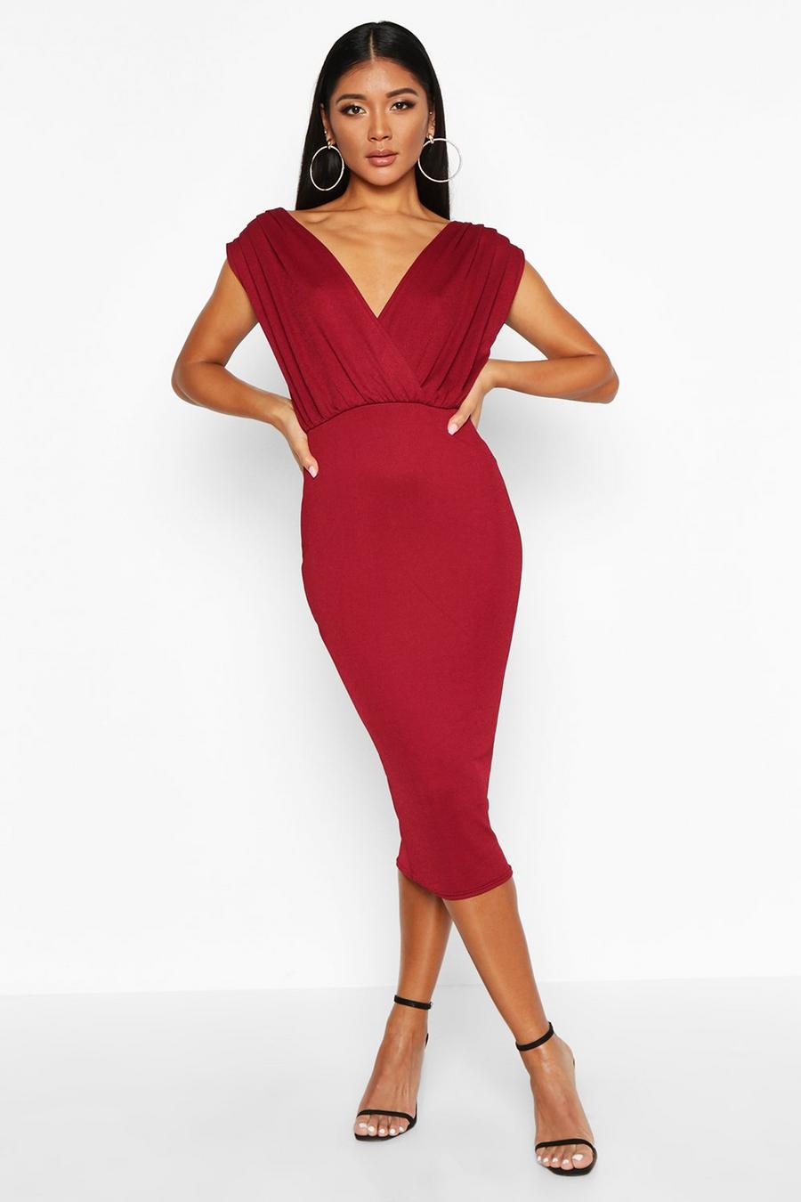 Berry Gathered Wrap Top Bodycon Midi Dress image number 1