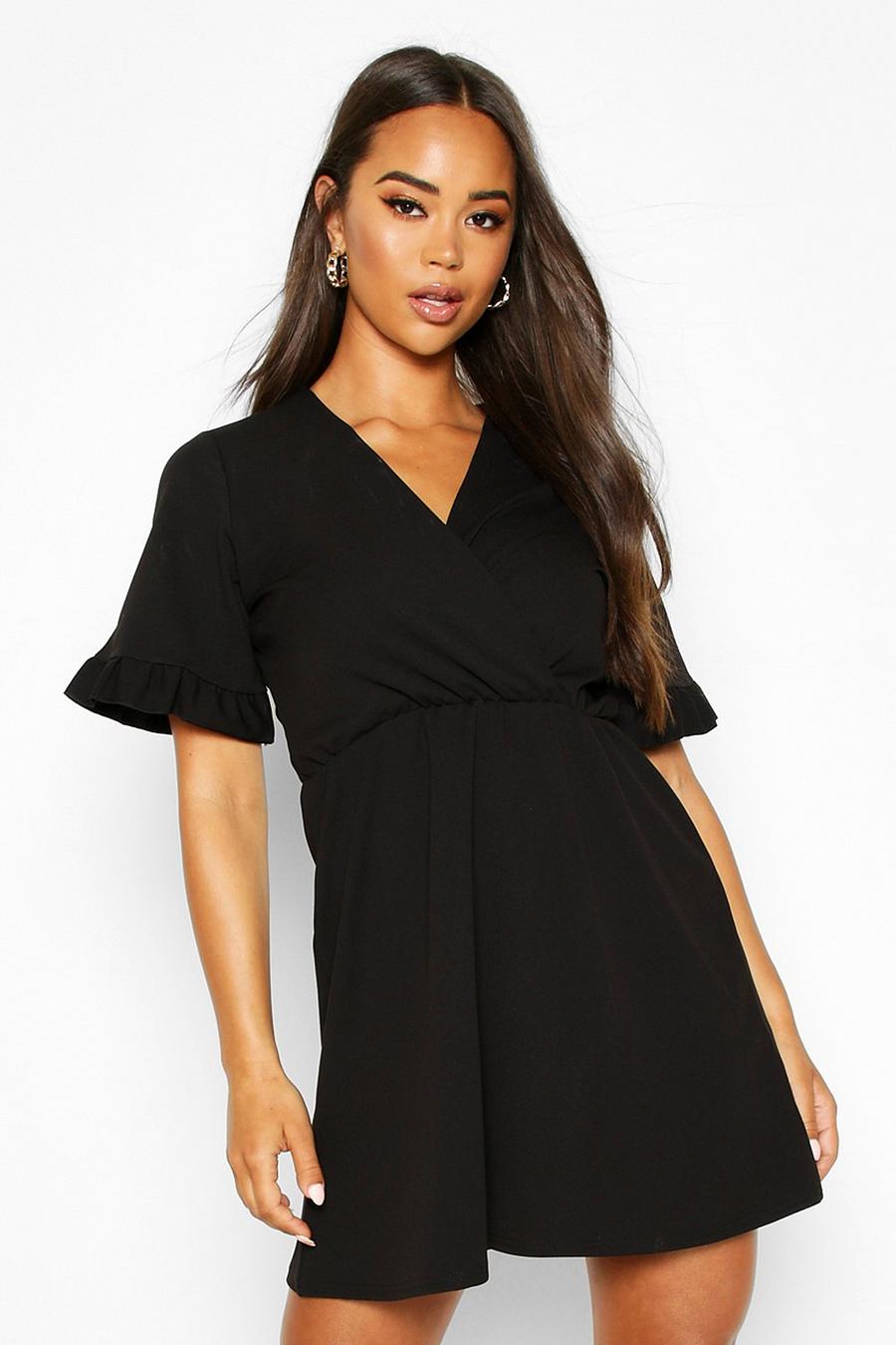 Black Ruffle Sleeve Wrap Shoulder Dress image number 1