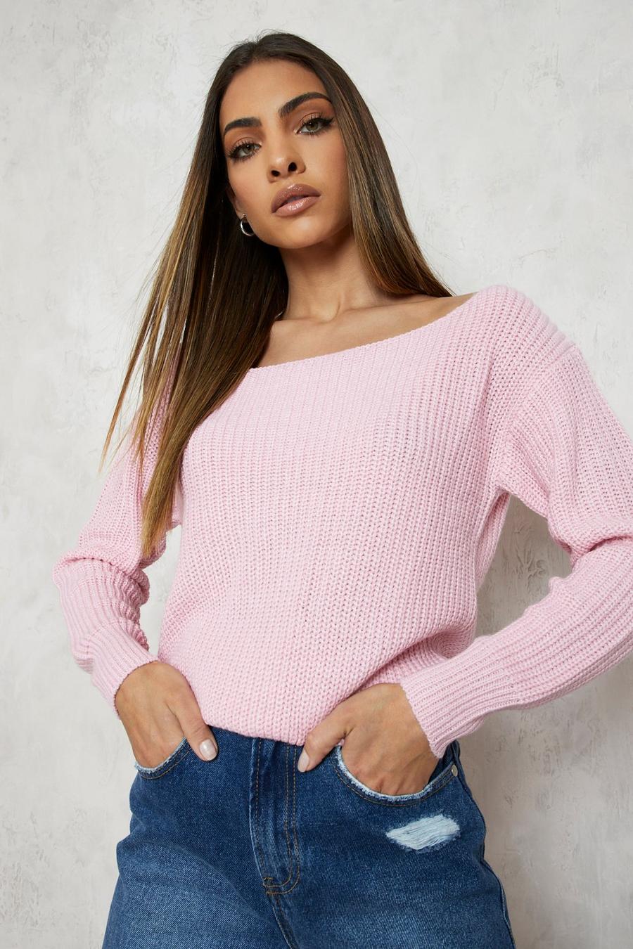 Pastel pink Slash Neck Crop Fisherman Sweater