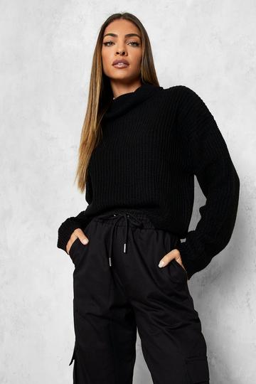 Black Cropped Fisherman Roll Neck Jumper