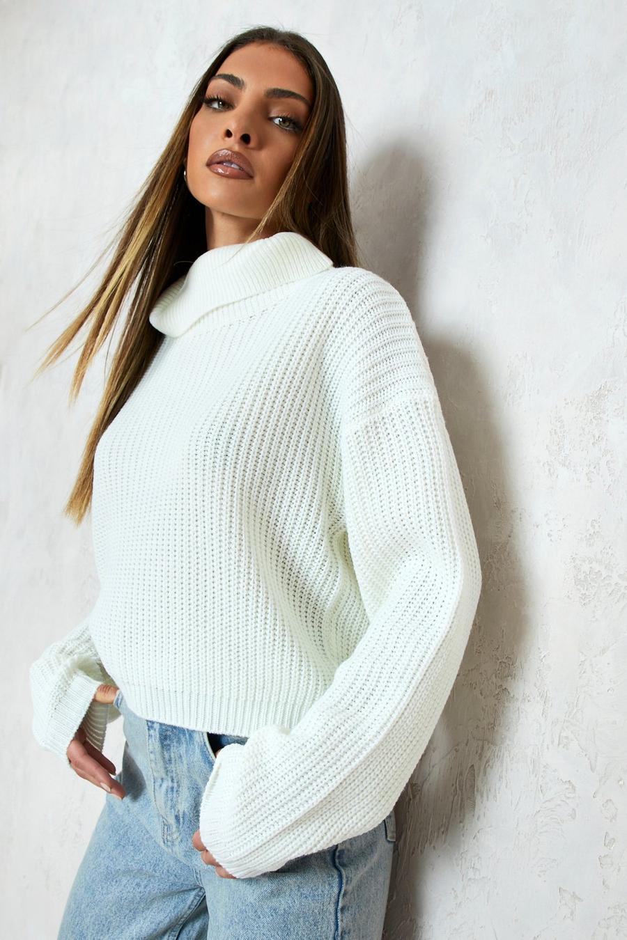 Cream white Cropped Fisherman Turtleneck Sweater