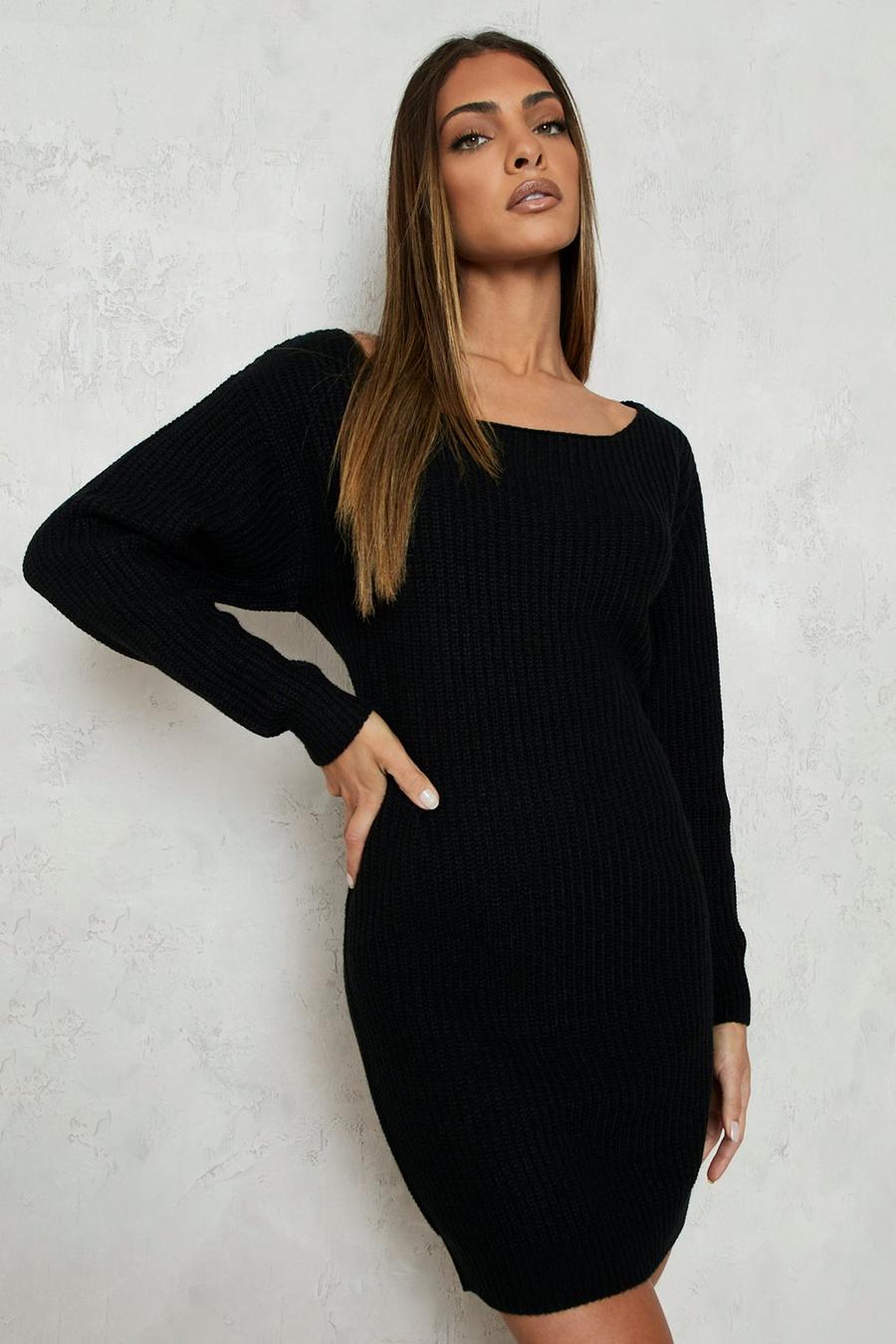 Black Slash Neck Fisherman Sweater Dress