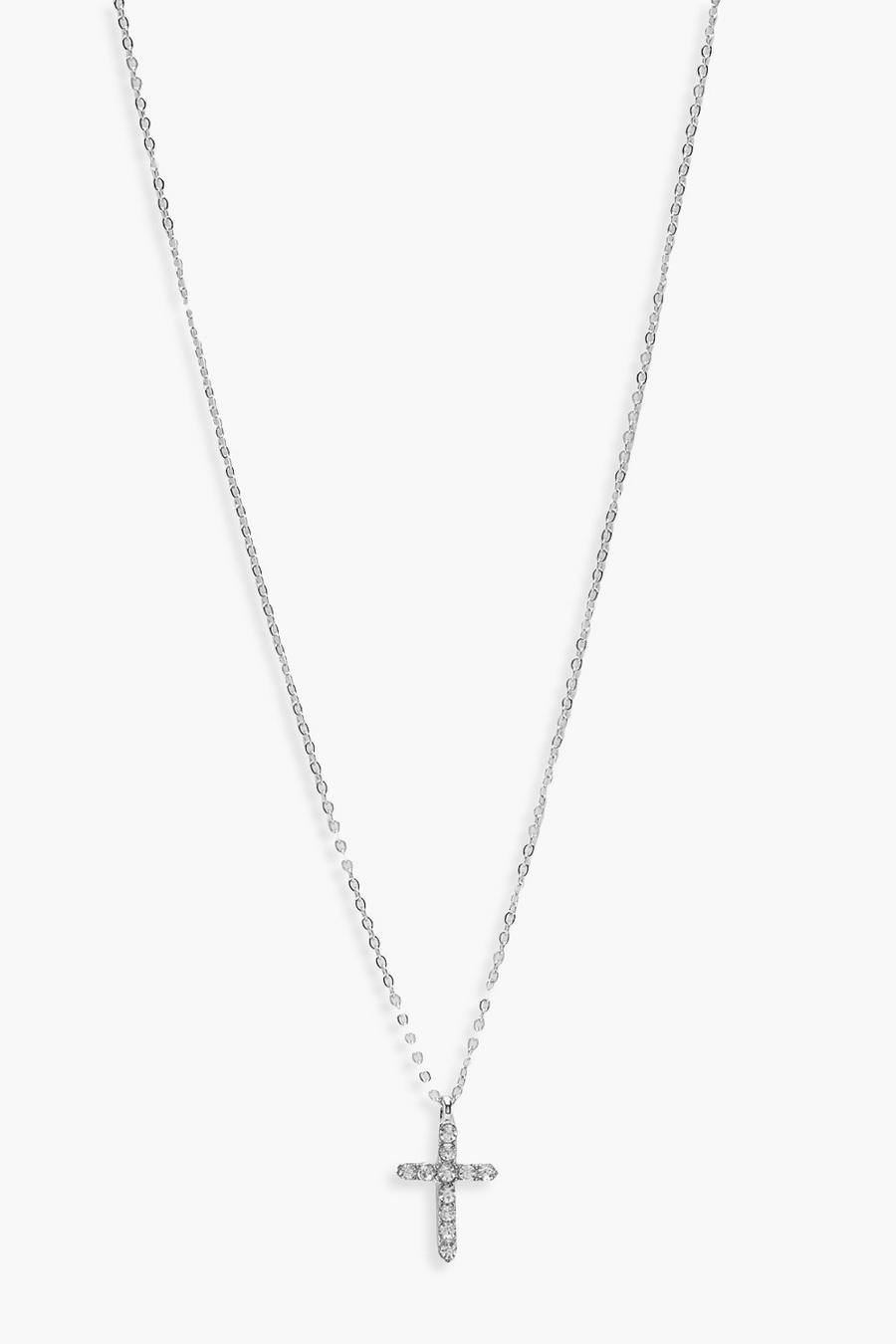 Silver Diamante Cross Pendant Necklace image number 1