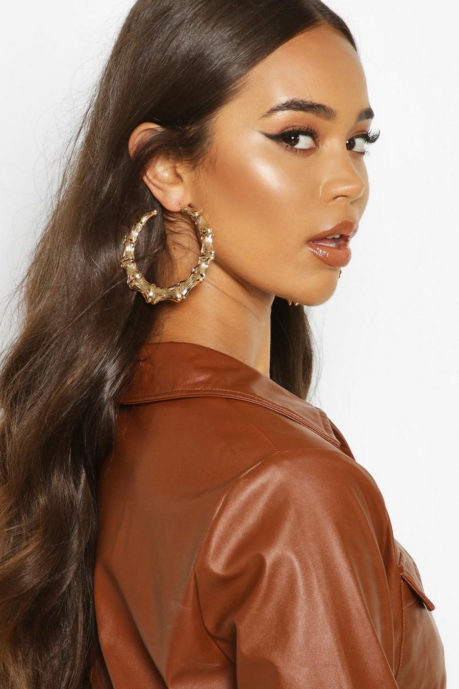 Gold Bamboo Effect Oversized Hoop Earrings image number 1