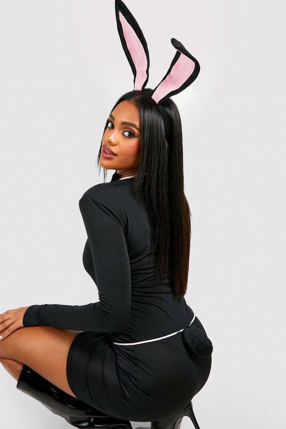 Women Black V-neck Bunny Girl Costume Bodysuit Rabbit Headband