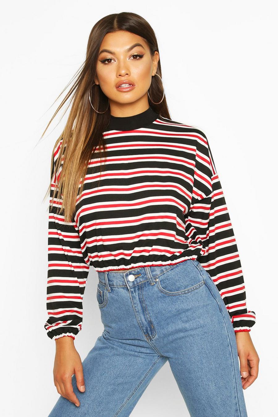 Red High Neck Striped Long Sleeve Top image number 1