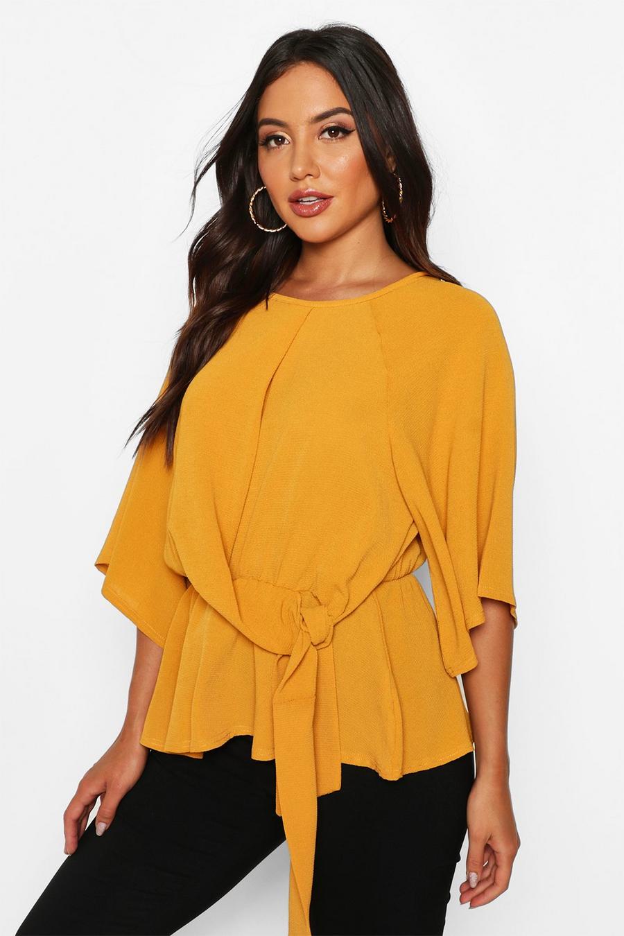 Mustard Tie Front Angel Sleeve Blouse image number 1
