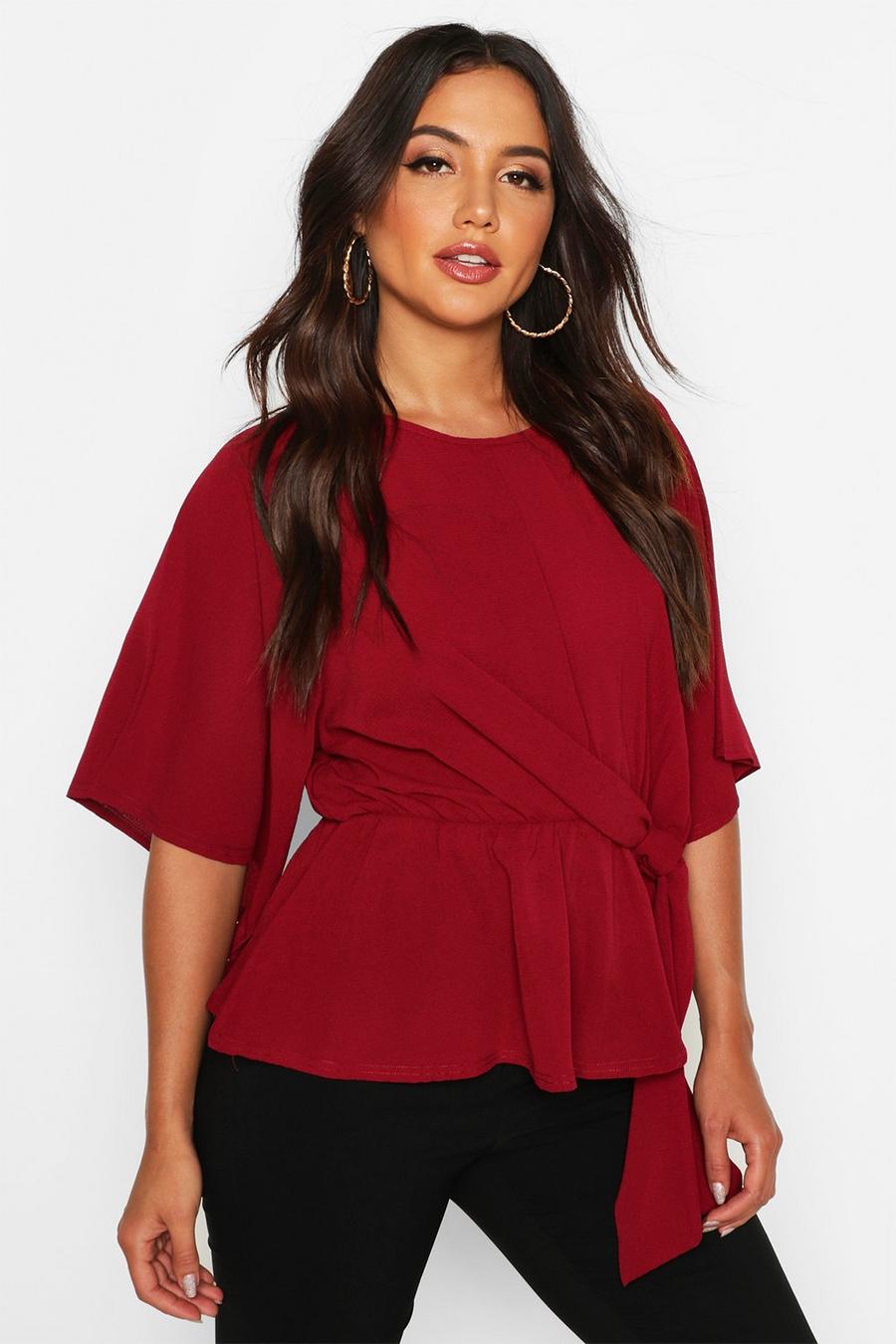 Wine Tie Front Angel Sleeve Blouse image number 1